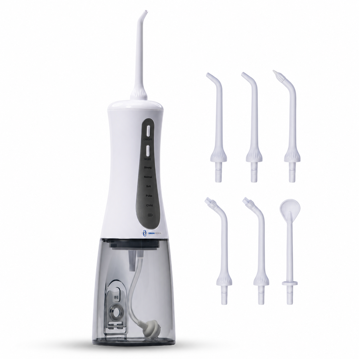Origin Medical Water Flosser Cordless Oral Irrigator – 350ml Detachable Tank, 5 Pressure Modes, USB-C Rechargeable, IPX7 Waterproof, 6 Tips, Ultra Quiet, Portable Dental Flosser – White