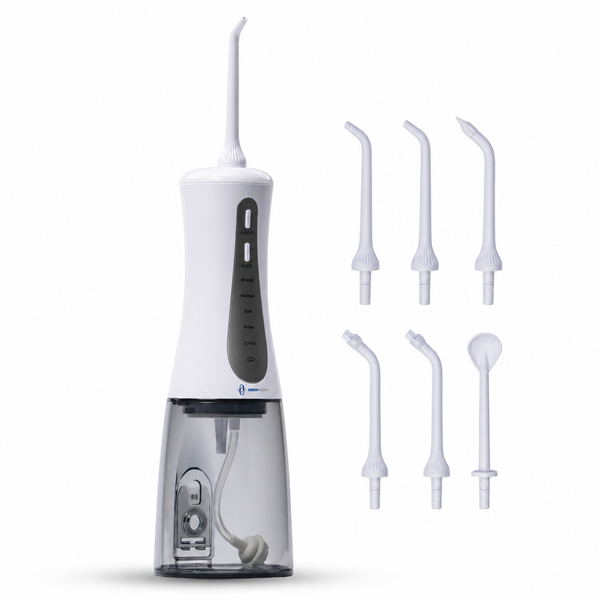 Origin Medical Water Flosser Cordless Oral Irrigator – 350ml Detachable Tank, 5 Pressure Modes, USB-C Rechargeable, IPX7 Waterproof, 6 Tips, Ultra Quiet, Portable Dental Flosser – White